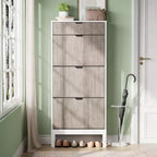 Wooden Shoe Storage Cabinet with 3 Flip Drawers, Farmhouse Fluted Shoe Rack with Iron Legs for Entryway, Sturdy Narrow Shoe Rack with Metal Legs