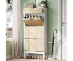 Wooden Shoe Storage Cabinet with 3 Flip Drawers, Farmhouse Fluted Shoe Rack with Iron Legs for Entryway, Sturdy Narrow Shoe Rack with Metal Legs