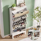 Wooden Shoe Storage Cabinet with 3 Flip Drawers, Farmhouse Fluted Shoe Rack with Iron Legs for Entryway, Sturdy Narrow Shoe Rack with Metal Legs