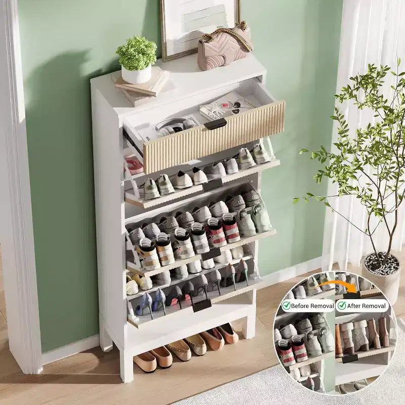 Wooden Shoe Storage Cabinet with 3 Flip Drawers, Farmhouse Fluted Shoe Rack with Iron Legs for Entryway, Sturdy Narrow Shoe Rack with Metal Legs