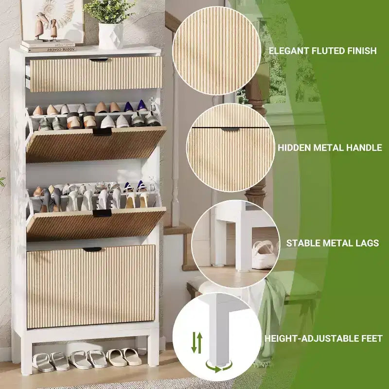 Wooden Shoe Storage Cabinet with 3 Flip Drawers, Farmhouse Fluted Shoe Rack with Iron Legs for Entryway, Sturdy Narrow Shoe Rack with Metal Legs