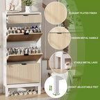 Wooden Shoe Storage Cabinet with 3 Flip Drawers, Farmhouse Fluted Shoe Rack with Iron Legs for Entryway, Sturdy Narrow Shoe Rack with Metal Legs