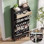Wooden Shoe Storage Cabinet with 3 Flip Drawers, Farmhouse Fluted Shoe Rack with Iron Legs for Entryway, Sturdy Narrow Shoe Rack with Metal Legs