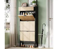 Wooden Shoe Storage Cabinet with 3 Flip Drawers, Farmhouse Fluted Shoe Rack with Iron Legs for Entryway, Sturdy Narrow Shoe Rack with Metal Legs