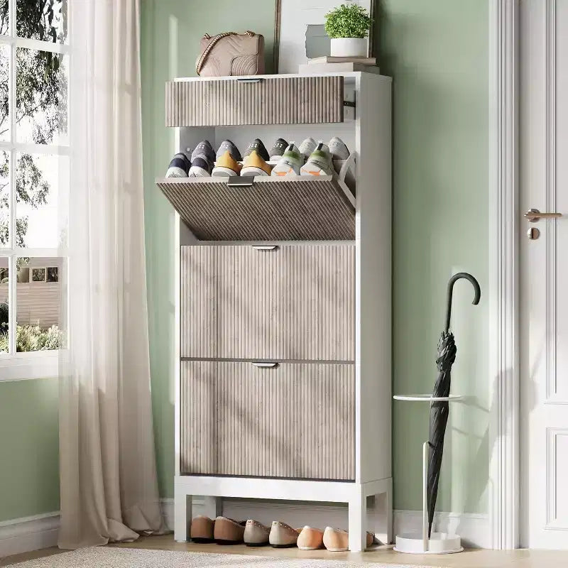 Wooden Shoe Storage Cabinet with 3 Flip Drawers, Farmhouse Fluted Shoe Rack with Iron Legs for Entryway, Sturdy Narrow Shoe Rack with Metal Legs