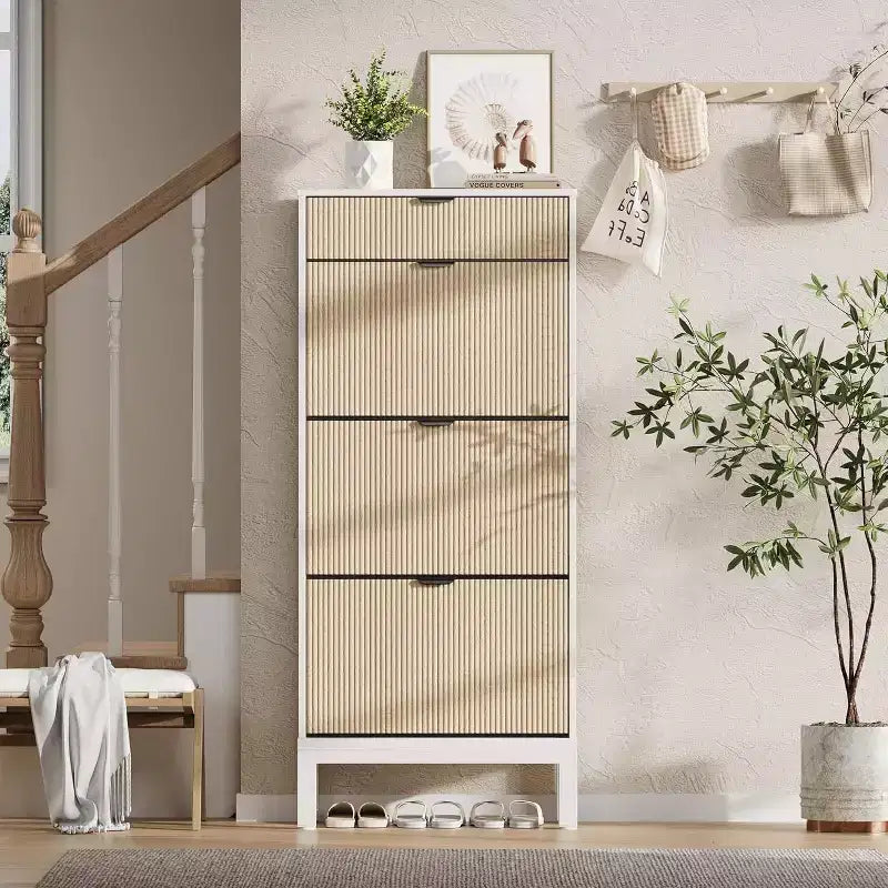 Wooden Shoe Storage Cabinet with 3 Flip Drawers, Farmhouse Fluted Shoe Rack with Iron Legs for Entryway, Sturdy Narrow Shoe Rack with Metal Legs