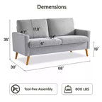 68 Loveseat Sofa, Modern Upholstered Couch with 24 Deep Seat, Padded Arms, Small Comfy Sofa for Living Room