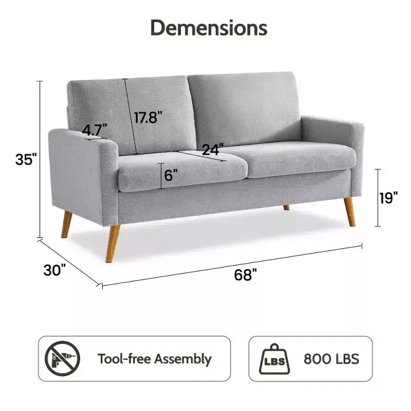 68 Loveseat Sofa, Modern Upholstered Couch with 24 Deep Seat, Padded Arms, Small Comfy Sofa for Living Room