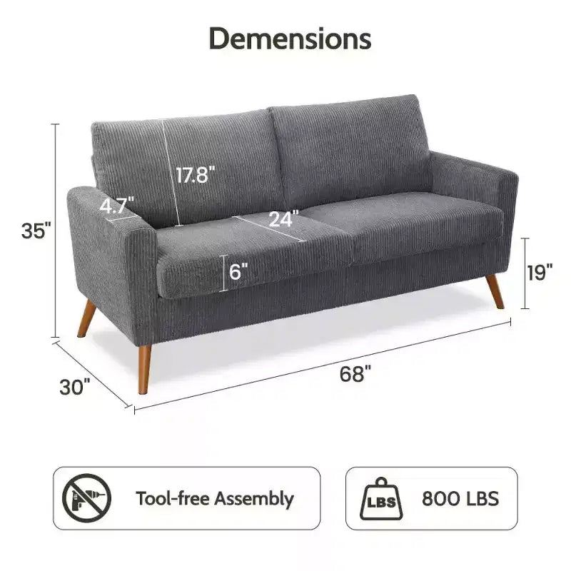 68 Loveseat Sofa, Modern Upholstered Couch with 24 Deep Seat, Padded Arms, Small Comfy Sofa for Living Room