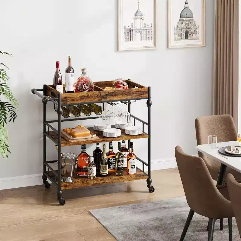 Roman Column Serving Cart, MDF & Iron Material, Retro Color, for Kitchen & Dining Area