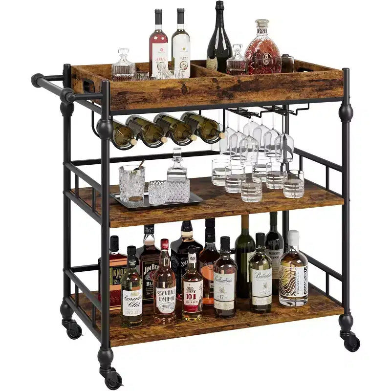 Roman Column Serving Cart, MDF & Iron Material, Retro Color, for Kitchen & Dining Area