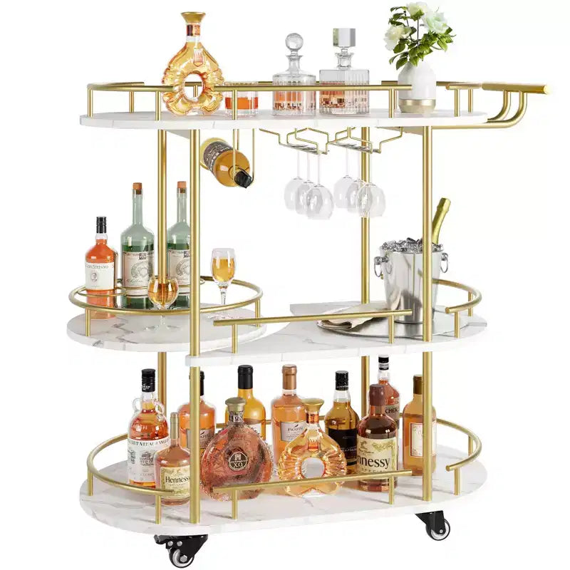 Gold Bar Cart, 3 Tier Bar Carts with Wheels, Rotated Bar Cart with Wine Rack and Glass Holder, Bar Serving Cart for Living Room, Kitchen, Dining Room