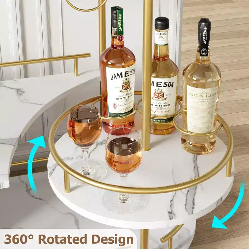 Gold Bar Cart, 3 Tier Bar Carts with Wheels, Rotated Bar Cart with Wine Rack and Glass Holder, Bar Serving Cart for Living Room, Kitchen, Dining Room