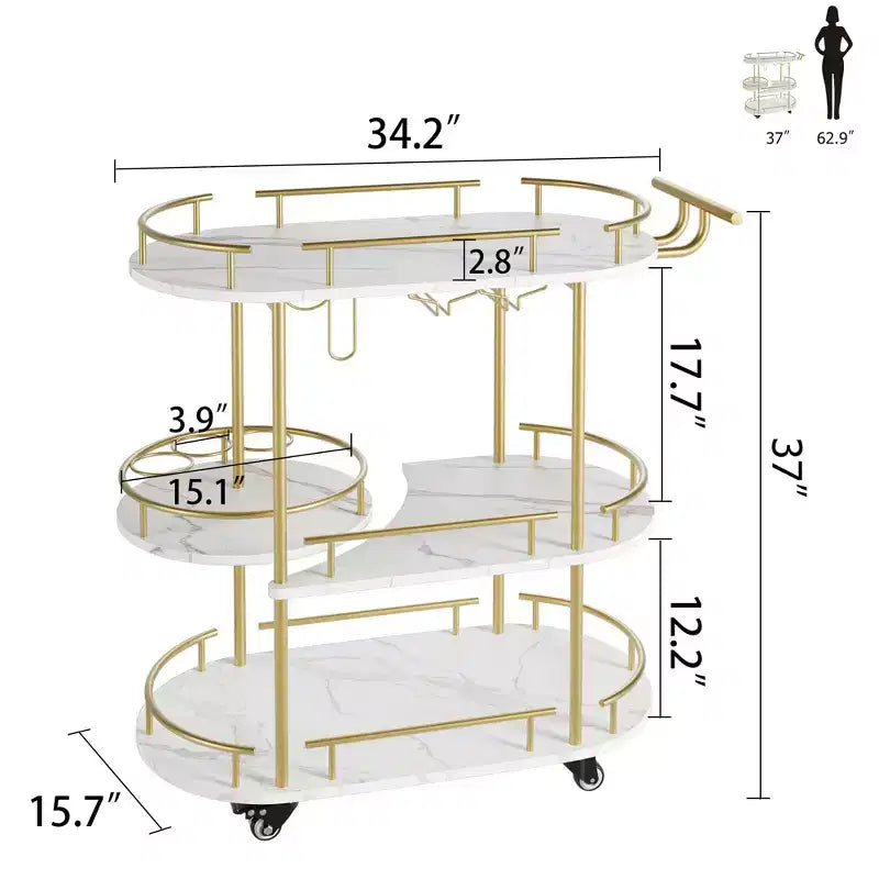 Gold Bar Cart, 3 Tier Bar Carts with Wheels, Rotated Bar Cart with Wine Rack and Glass Holder, Bar Serving Cart for Living Room, Kitchen, Dining Room
