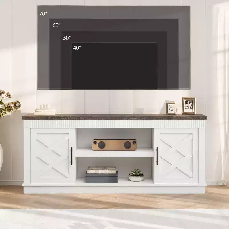 Farmhouse TV Stand for Tv Up to70 in, Fluted Entertainment Center w/ 2 Doors, 65 in Rustic Television Consoles Stands for Living Room, Bedroom