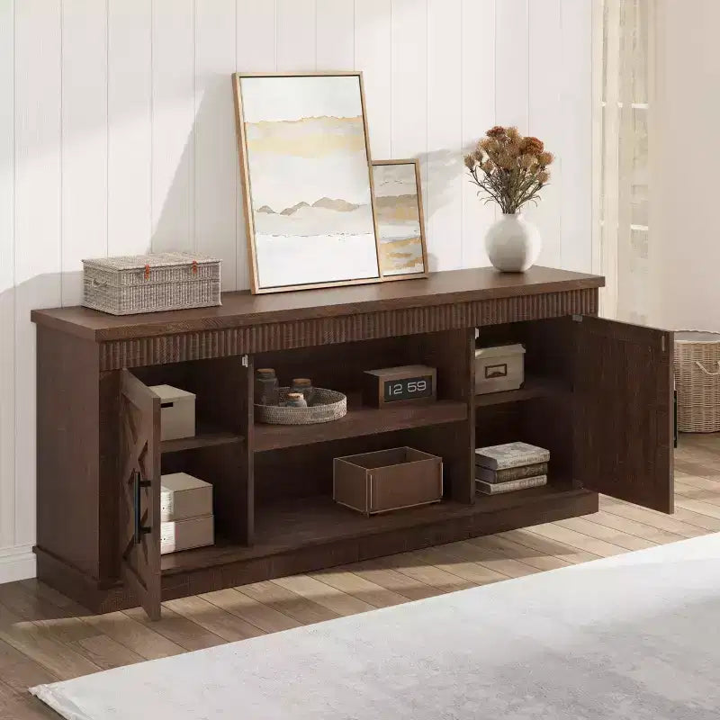 Farmhouse TV Stand for Tv Up to70 in, Fluted Entertainment Center w/ 2 Doors, 65 in Rustic Television Consoles Stands for Living Room, Bedroom