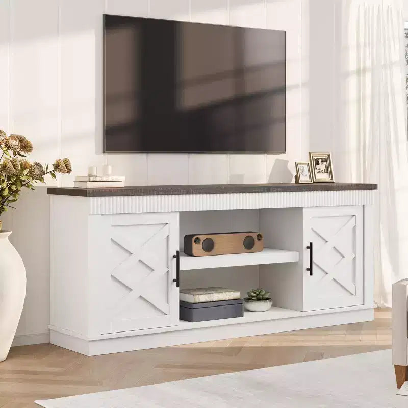 Farmhouse TV Stand for Tv Up to70 in, Fluted Entertainment Center w/ 2 Doors, 65 in Rustic Television Consoles Stands for Living Room, Bedroom