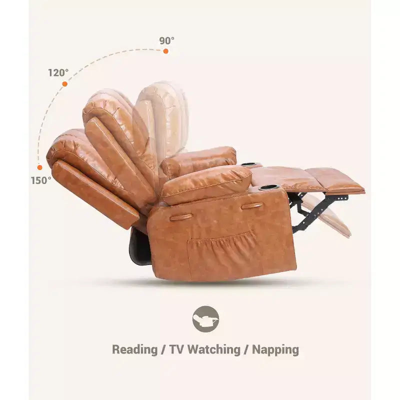 Manual Recliner Chair for Adults PU Faux Leather, Massage Lounge, 360 Swivel Cup Holders, Side Pocket Modern Single Sofa Seat