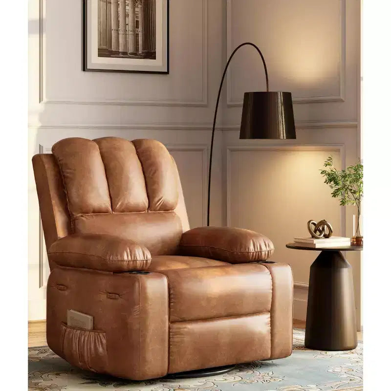 Manual Recliner Chair for Adults PU Faux Leather, Massage Lounge, 360 Swivel Cup Holders, Side Pocket Modern Single Sofa Seat