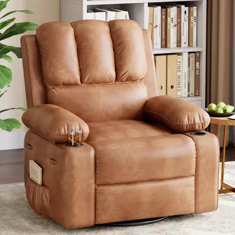 Manual Recliner Chair for Adults PU Faux Leather, Massage Lounge, 360 Swivel Cup Holders, Side Pocket Modern Single Sofa Seat
