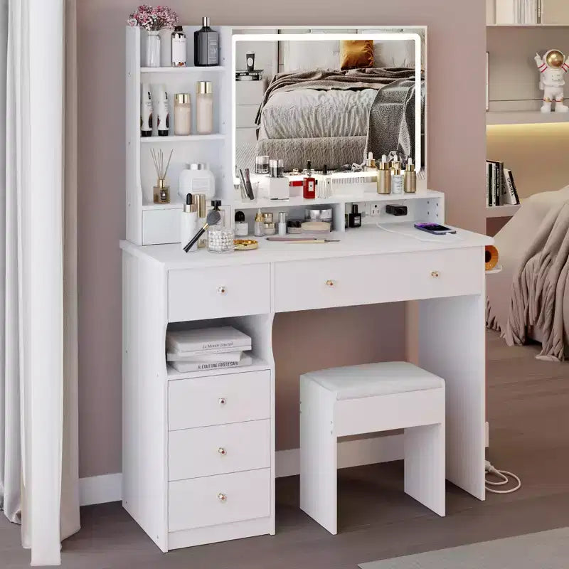 41 Makeup Desk with Cushioned Stool, Vanity Table with 2 AC+2 USB Power Station & Hair Dryer Stand, Vanity Desk with Mirror for Home