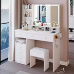41 Makeup Desk with Cushioned Stool, Vanity Table with 2 AC+2 USB Power Station & Hair Dryer Stand, Vanity Desk with Mirror for Home