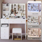 41 Makeup Desk with Cushioned Stool, Vanity Table with 2 AC+2 USB Power Station & Hair Dryer Stand, Vanity Desk with Mirror for Home
