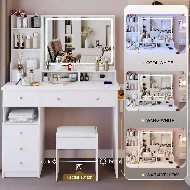 41 Makeup Desk with Cushioned Stool, Vanity Table with 2 AC+2 USB Power Station & Hair Dryer Stand, Vanity Desk with Mirror for Home