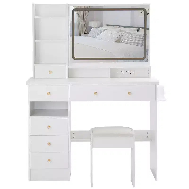 41 Makeup Desk with Cushioned Stool, Vanity Table with 2 AC+2 USB Power Station & Hair Dryer Stand, Vanity Desk with Mirror for Home
