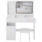 41 Makeup Desk with Cushioned Stool, Vanity Table with 2 AC+2 USB Power Station & Hair Dryer Stand, Vanity Desk with Mirror for Home