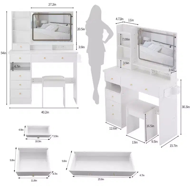 41 Makeup Desk with Cushioned Stool, Vanity Table with 2 AC+2 USB Power Station & Hair Dryer Stand, Vanity Desk with Mirror for Home