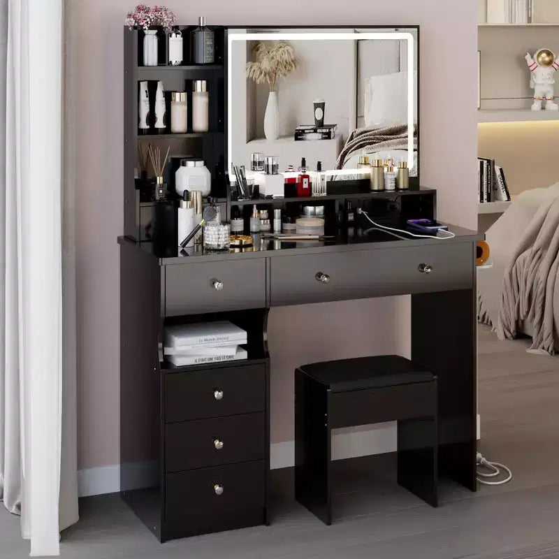 41 Makeup Desk with Cushioned Stool, Vanity Table with 2 AC+2 USB Power Station & Hair Dryer Stand, Vanity Desk with Mirror for Home