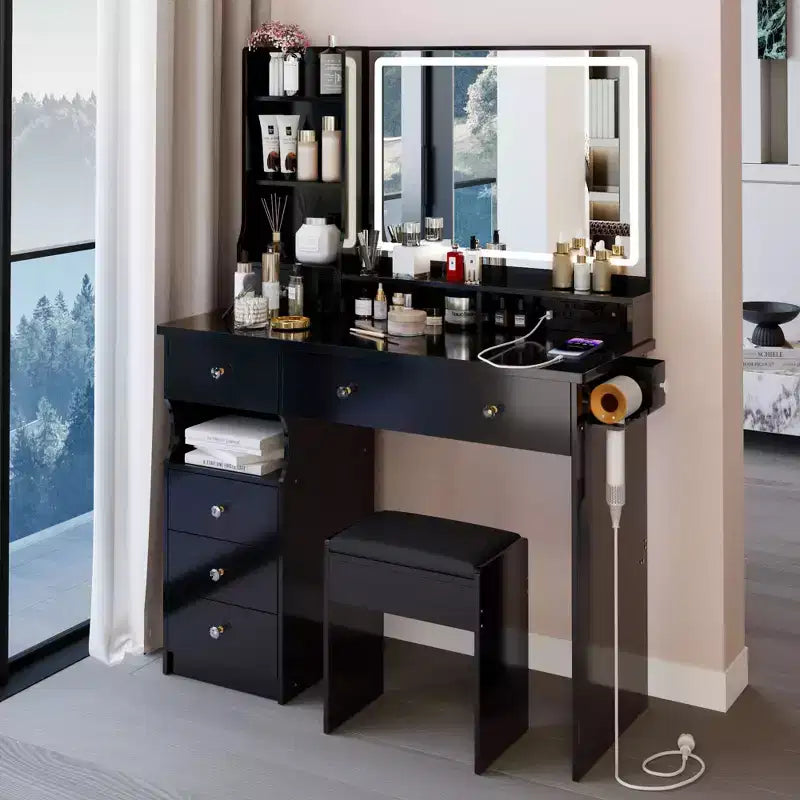 41 Makeup Desk with Cushioned Stool, Vanity Table with 2 AC+2 USB Power Station & Hair Dryer Stand, Vanity Desk with Mirror for Home