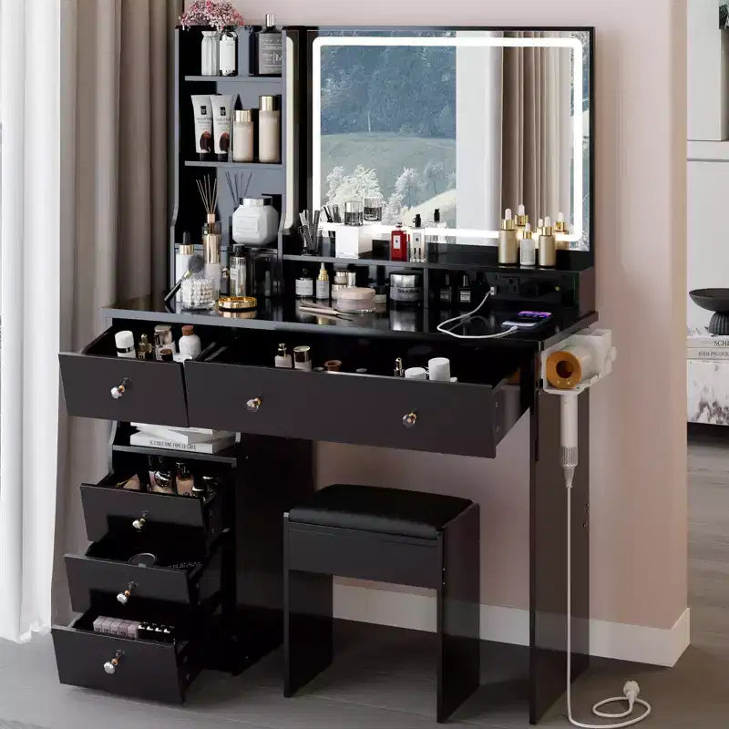 41 Makeup Desk with Cushioned Stool, Vanity Table with 2 AC+2 USB Power Station & Hair Dryer Stand, Vanity Desk with Mirror for Home