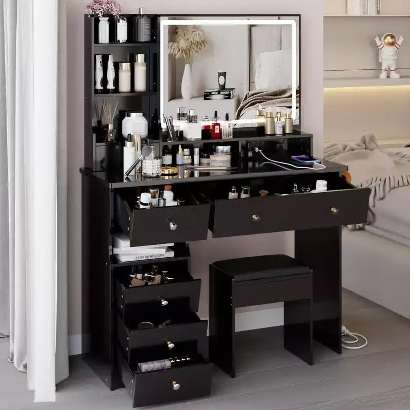41 Makeup Desk with Cushioned Stool, Vanity Table with 2 AC+2 USB Power Station & Hair Dryer Stand, Vanity Desk with Mirror for Home