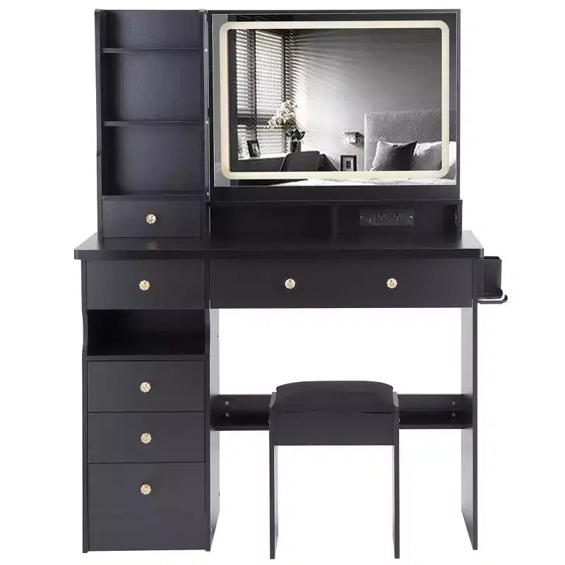 41 Makeup Desk with Cushioned Stool, Vanity Table with 2 AC+2 USB Power Station & Hair Dryer Stand, Vanity Desk with Mirror for Home