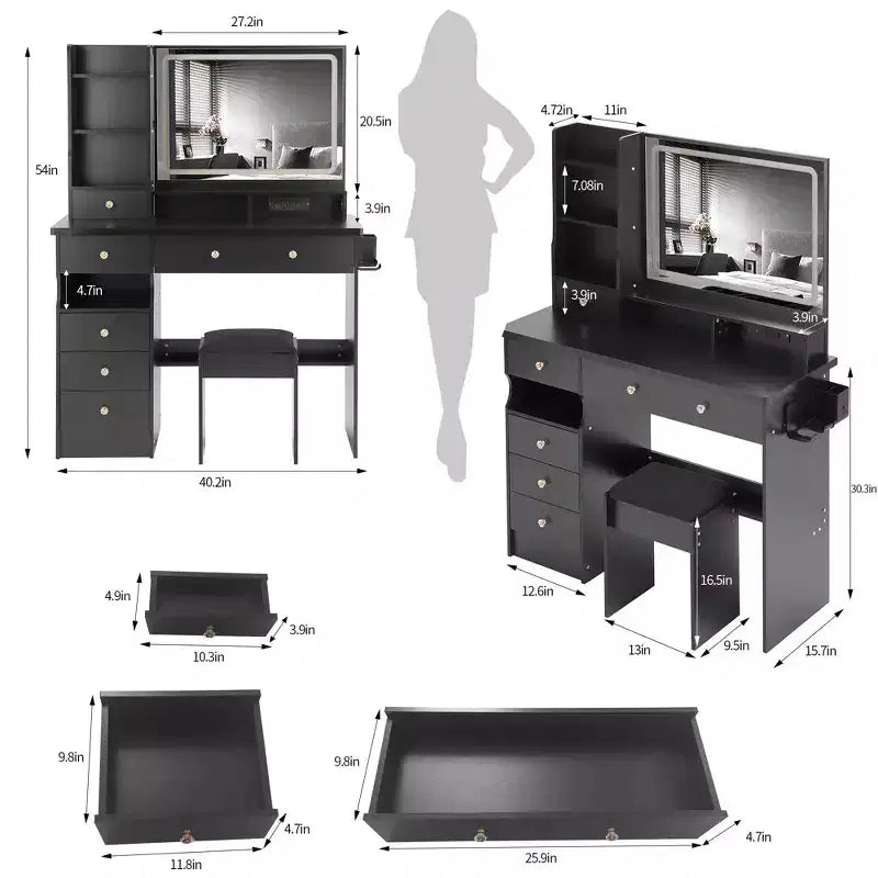 41 Makeup Desk with Cushioned Stool, Vanity Table with 2 AC+2 USB Power Station & Hair Dryer Stand, Vanity Desk with Mirror for Home