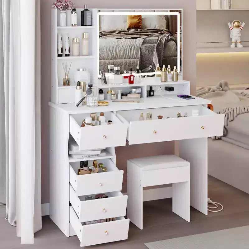 41 Makeup Desk with Cushioned Stool, Vanity Table with 2 AC+2 USB Power Station & Hair Dryer Stand, Vanity Desk with Mirror for Home