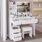 41 Makeup Desk with Cushioned Stool, Vanity Table with 2 AC+2 USB Power Station & Hair Dryer Stand, Vanity Desk with Mirror for Home