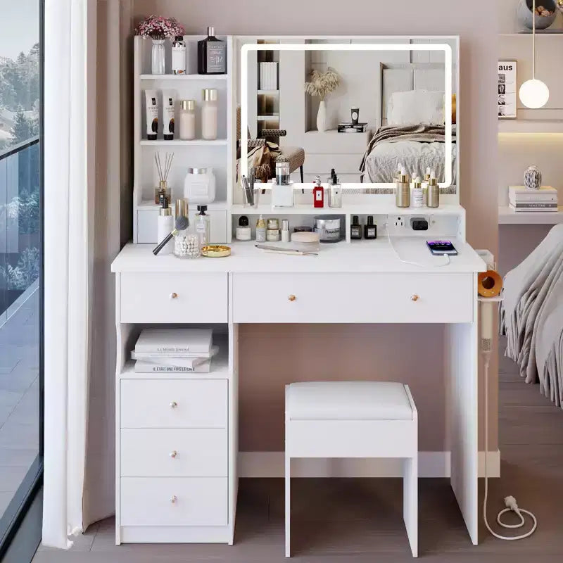 41 Makeup Desk with Cushioned Stool, Vanity Table with 2 AC+2 USB Power Station & Hair Dryer Stand, Vanity Desk with Mirror for Home