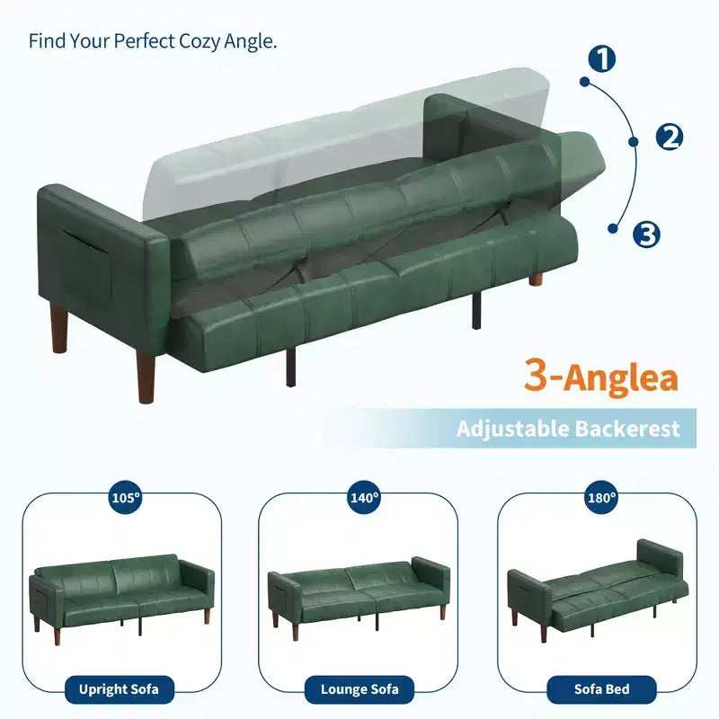 75 PU Leather Futon Sofa Bed,Convertible Loveseat, Adjustable Backrest, Side Pockets, Space-Saving Sleeper Sofa