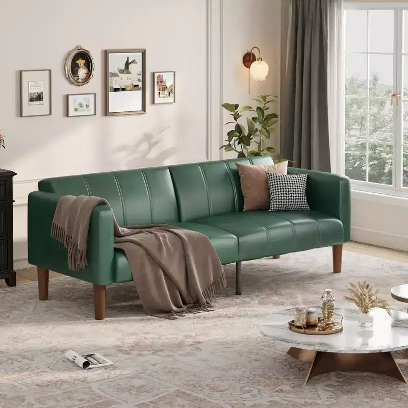 75 PU Leather Futon Sofa Bed,Convertible Loveseat, Adjustable Backrest, Side Pockets, Space-Saving Sleeper Sofa