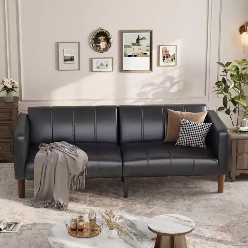 75 PU Leather Futon Sofa Bed,Convertible Loveseat, Adjustable Backrest, Side Pockets, Space-Saving Sleeper Sofa