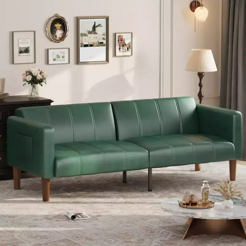 75 PU Leather Futon Sofa Bed,Convertible Loveseat, Adjustable Backrest, Side Pockets, Space-Saving Sleeper Sofa