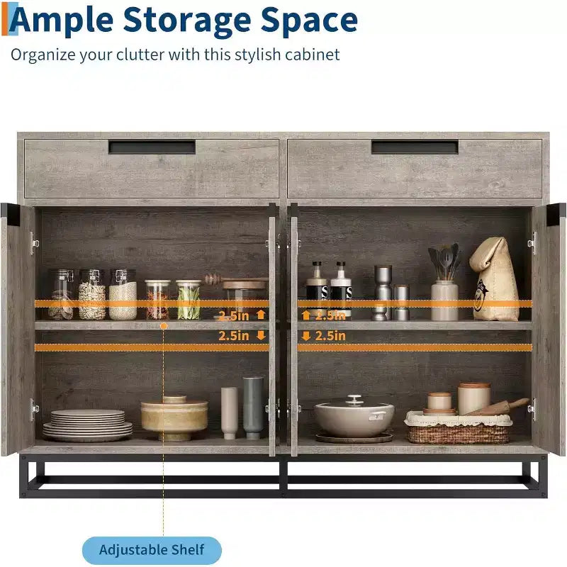 55 Inch Buffet Kitchen Cabinet, Large, Modern sideboard with 2 drawers and 4 Doors, Bar Buffet Table for Kitchen and Dining Room