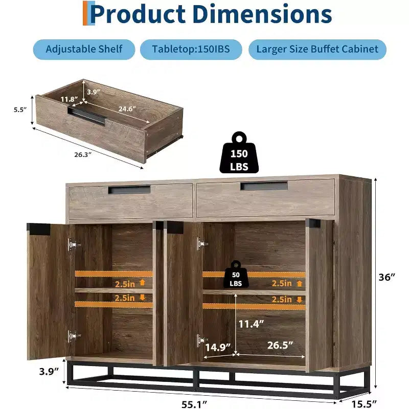 55 Inch Buffet Kitchen Cabinet, Large, Modern sideboard with 2 drawers and 4 Doors, Bar Buffet Table for Kitchen and Dining Room