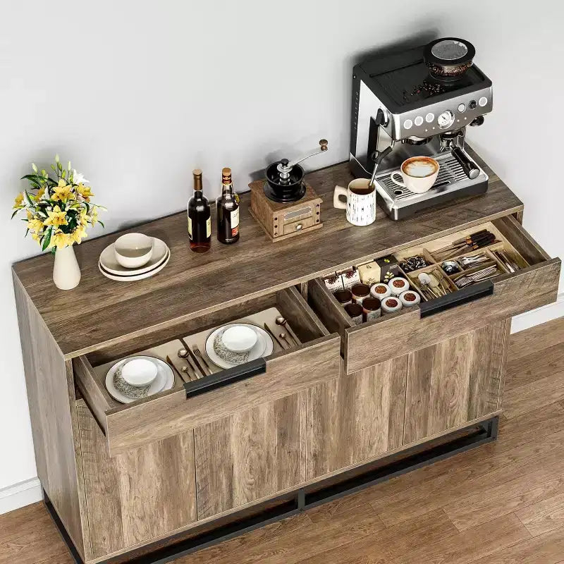 55 Inch Buffet Kitchen Cabinet, Large, Modern sideboard with 2 drawers and 4 Doors, Bar Buffet Table for Kitchen and Dining Room