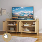 Natural Rattan TV Stand for 65 Inch TV, 61.5 Entertainment Center with Glass Doors, Storage Cabinet