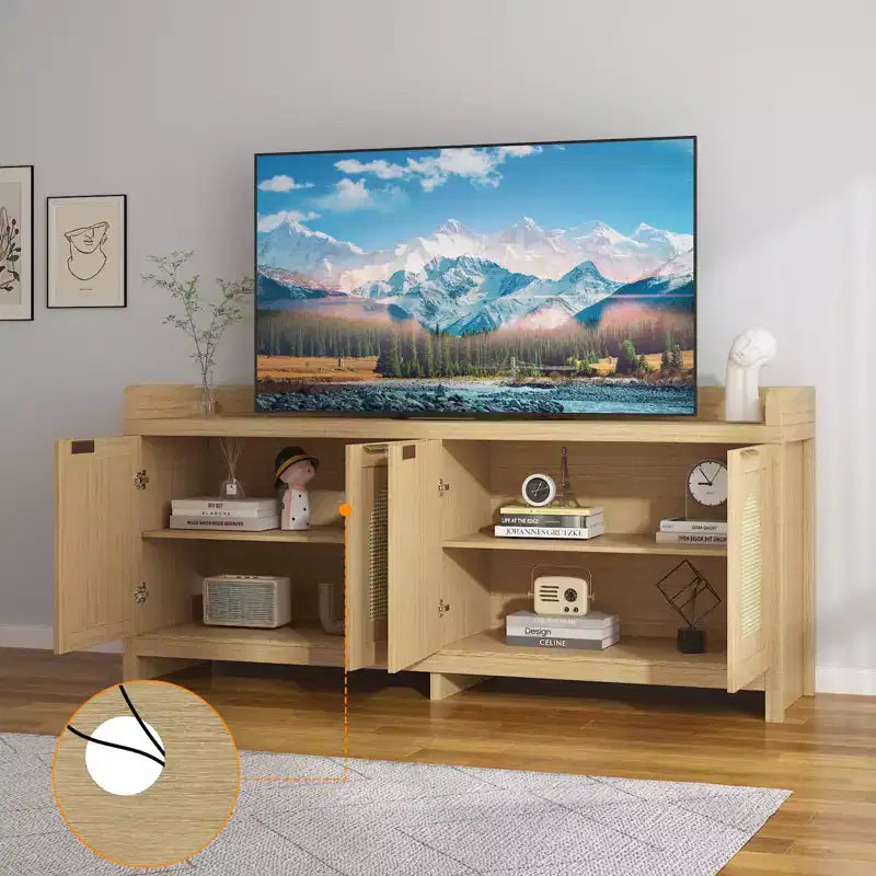 Natural Rattan TV Stand for 65 Inch TV, 61.5 Entertainment Center with Glass Doors, Storage Cabinet