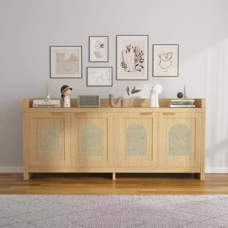 Natural Rattan TV Stand for 65 Inch TV, 61.5 Entertainment Center with Glass Doors, Storage Cabinet